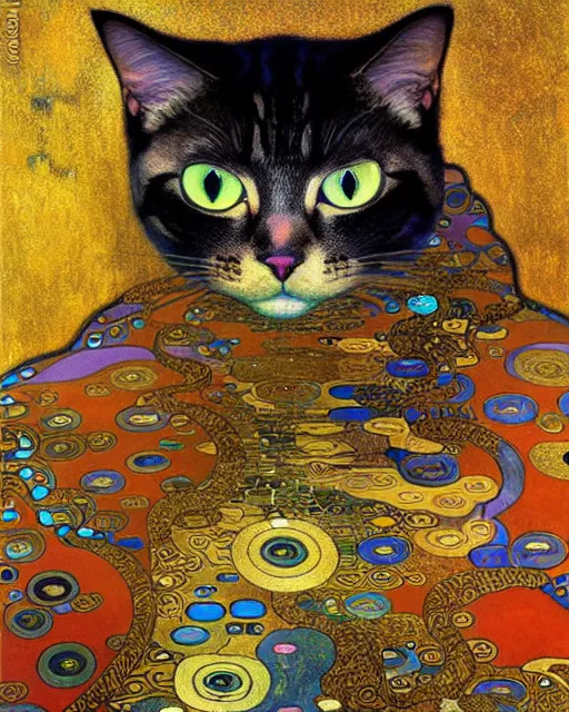 Prompt: cat portrait an oil painting splashes with many colors and shapes by gustav klimt greg rutkowski and alphonse mucha, polycount, generative art, psychedelic, fractalism, glitch art