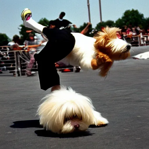 Image similar to “a cream-colored havanese dog in a break dancing contest, 1988, Los Angeles, Kodachrome, 10 mm, photo”