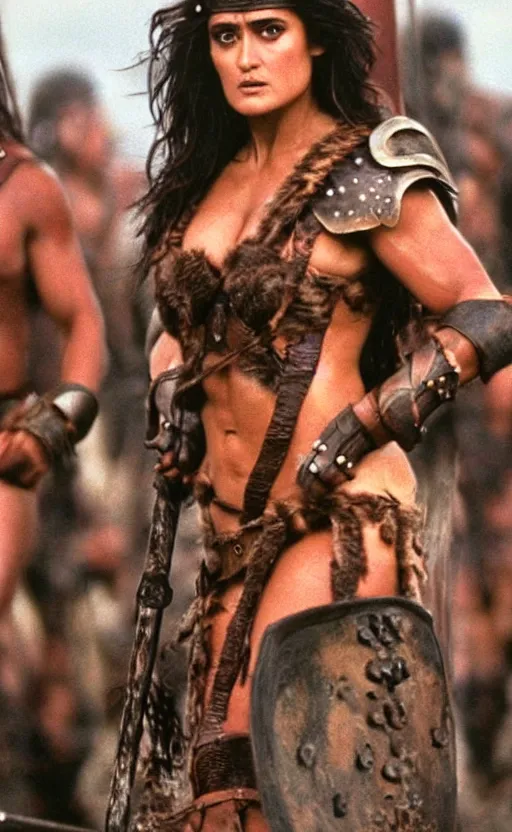 Prompt: epic photo of muscular salma hayek as beautiful barbarian warrior princess wearing leather armor and fur cloak in a battle scene with hundreds of warriors behind her, sweaty, detailed eyes, neutral expression, depth of field, photorealistic, cinematic lighting, lovely bokeh, warm colours, dusk, movie quality, conan the destroyer 1 9 8 5, movie still, cinemascope