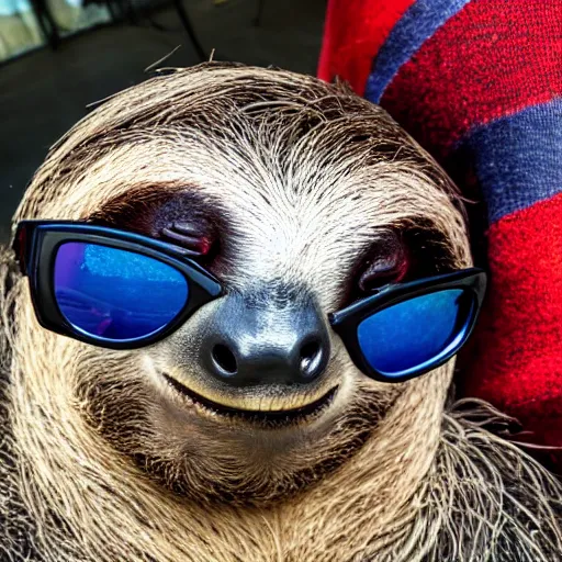 Prompt: a sloth wearing black morpheus! sunglasses holding blue and red pills in his hands, photograph, wide - angle lens