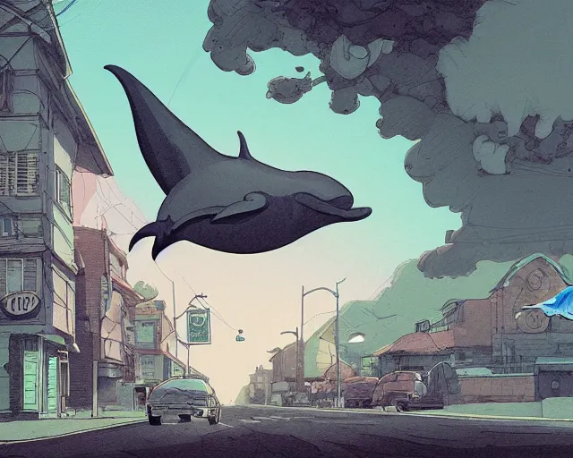 Image similar to a study of cell shaded cartoon of a flying dolphin on a country road, street lamps, road, illustration, wide shot, subtle colors, post grunge, concept art by josan gonzales and wlop, by james jean, Victo ngai, David Rubín, Mike Mignola, Laurie Greasley, highly detailed, sharp focus, alien, Trending on Artstation, HQ, deviantart, art by artgem