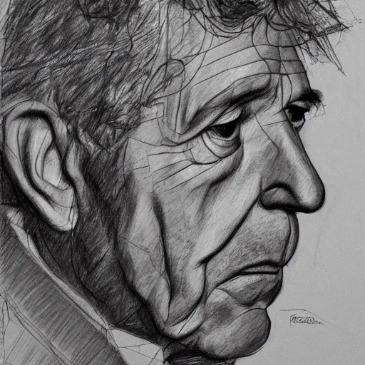 Image similar to a realistic yet scraggly portrait sketch of the side profile of a stern and sophisticated leonard cohen, trending on artstation, intricate details, in the style of frank auerbach, in the style of sergio aragones, in the style of martin ansin, in the style of david aja, in the style of mattias adolfsson