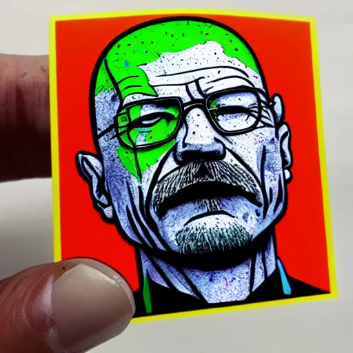 Prompt: die cut sticker, walter white wearing the joker outfit, splatter paint