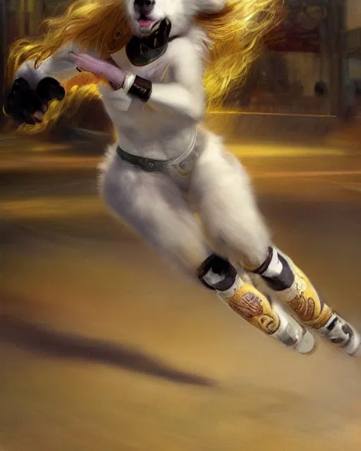 Image similar to an athletic white female anthro wolf skating at a roller derby, 4 k, furaffinity, fursona, trending on artstation, energetic, speed, motion blur, by gaston bussiere, craig mullins, sakimichan, gustav klimt, artgerm, greg rutkowski, alphonse mucha