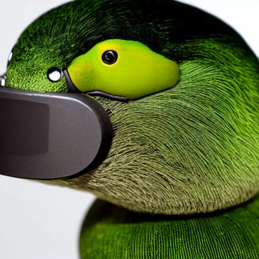 Image similar to a high quality photo of a green duck wearing headphones, realism, 8k