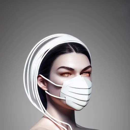 Image similar to ultra detailed, beautiful natural light, studio lights, rim light, a woman wearing a white mask with black wires on her head, featured on behance, net art, made of wire, 5 0 mm lens, elegant, hyper realistic, ultra detailed, octane render, volumetric lighting, 8 k post - production