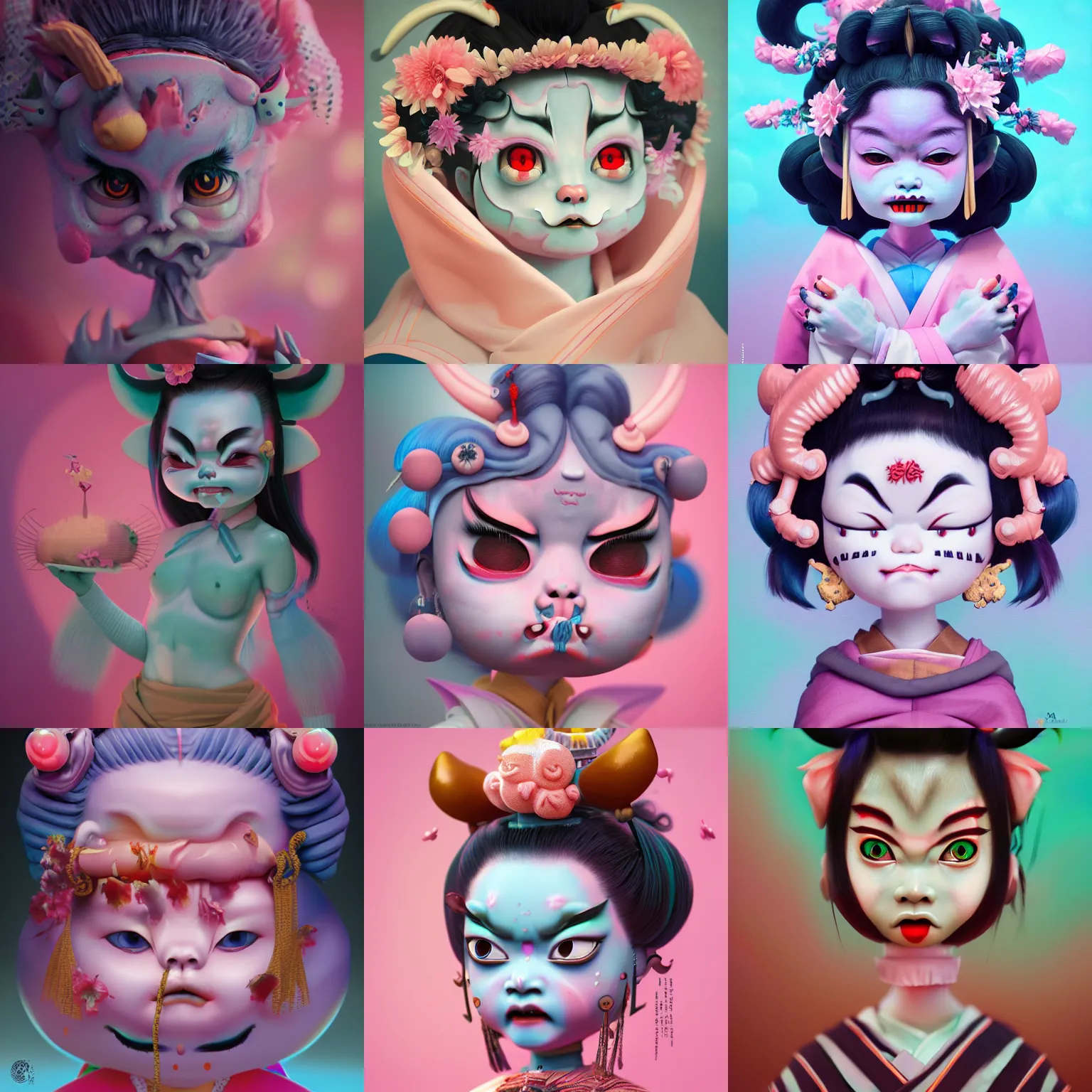 Prompt: an oni demon geisha by amy sol hikari shimoda, mark ryden, cute, weird, cool, pastel colors, artstation, houdini sidefx, octane 3 d, 8 k