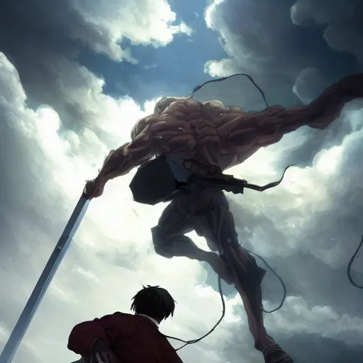 Prompt: a key shot of Attack On Titan , fighting a celestial titan, animation at mid-day, medium shot, waist up, studio Ghibli, Pixar and Disney animation, sharp, key art by Greg Rutkowski, dramatic lighting, flat texture