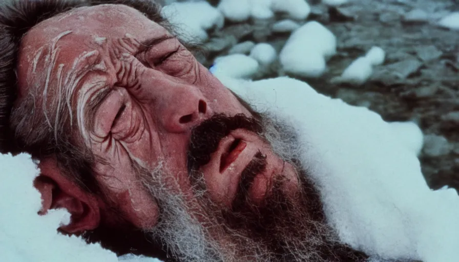 Image similar to 1 9 6 0 s movie still close up of marcus aurelius ill tired frozen to death by the side of a river with gravel, pine forests, cinestill 8 0 0 t 3 5 mm, high quality, heavy grain, high detail, texture, dramatic light, anamorphic, hyperrealistic, detailed hair