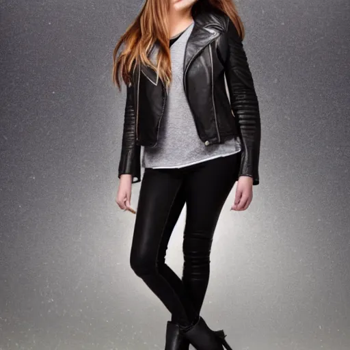 Prompt: young woman in her 20s, she wears a leather jacket and boots, full body shot, photography, very detailed face