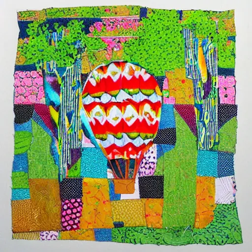 Prompt: a balloon from above, made from patchwork of several pattern cloths, over a landscape of different vegetable crops and some trees. High quality, crayon drawing, aware winning, nostalgic