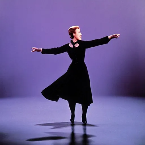 Image similar to julie andrews in all black, dancing alone on stage, dramatic lighting, very detailed photo