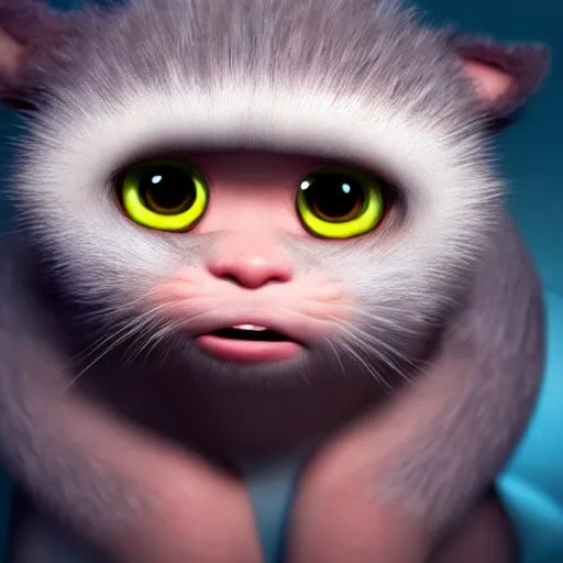 Image similar to a cute little baby monster with long fur, portrait, pixar style, extremely realistic photo, heaven background, cinematic lighting, award winning creature portrait photography