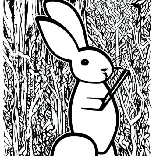 Prompt: black - and - white line art illustration of a rabbit deep in a tangled forest, smoking a cigarette, with smoke rising, whimsical masterpiece