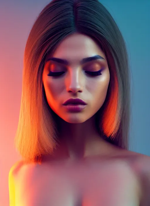 Prompt: beautiful female portrait, latina, rule of thirds, haze, intricate, symmetrical!!, makeup, loreal, maybelline, depth of field, cinematic, filmic, vsco, concept art, artstation, digital painting, elegant, model, gorgeous, vouge, vray, cinema 4 d, octane render, ambient occlusion, lumen