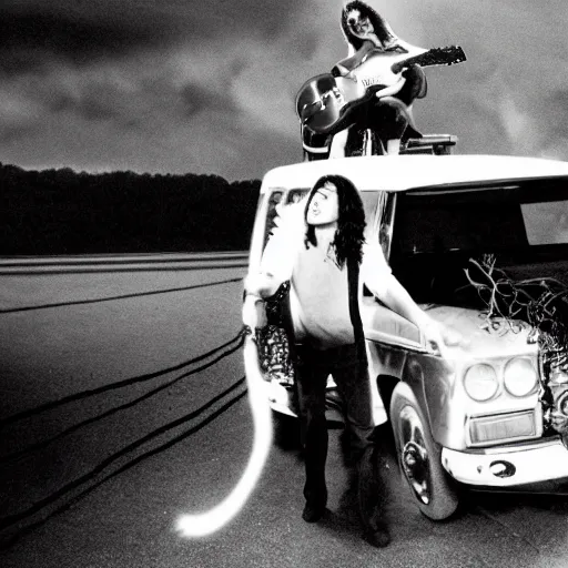 Image similar to ozzy osborne playing guitar ontop of a van, darkness, thunder, bat's flying around the sky