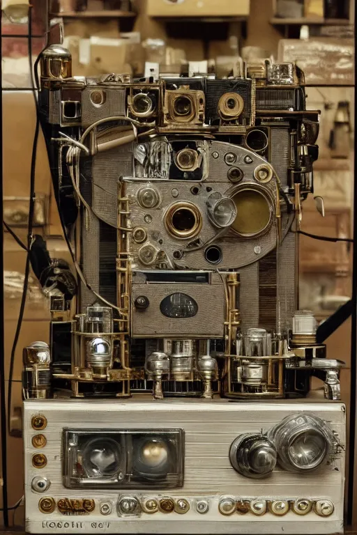 Image similar to a photo taken by someone who doesn't know how to use a camera, the most complex kodak camera ever made with vacuum tubes, capacitors and coils inside, through a dirty store window by Wes Anderson, grungy, weathered Ultra detailed, hyper realistic, 4k