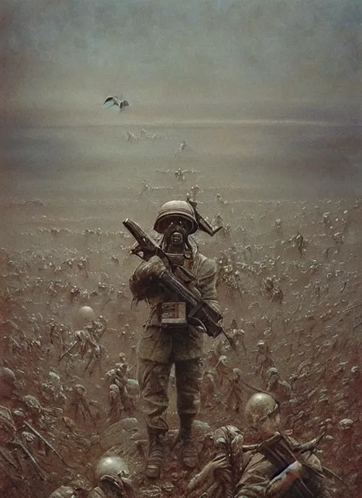 Prompt: third world war, 8 k, artstation, highdetailed, painting by beksinski,