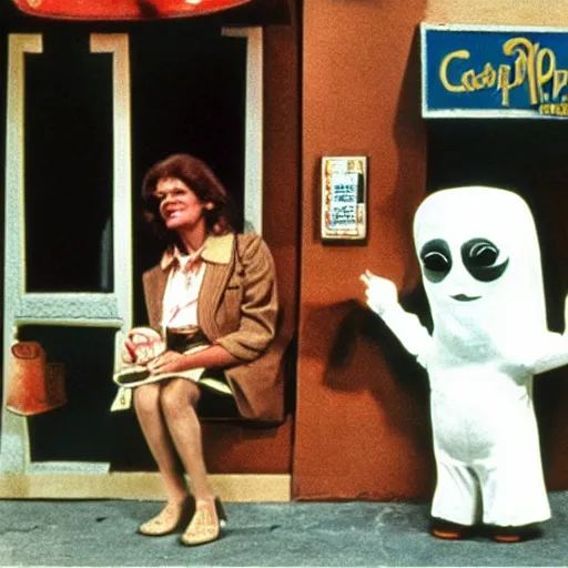 Image similar to 1976 color archival photo of a woman and a puppet that looks like Caspar the Friendly Ghost, in a sidewalk cafe, 16mm film soft color, earth tones and soft color 1976, archival footage, in style of doris wishman russ meyer, woman looks like gilda radner