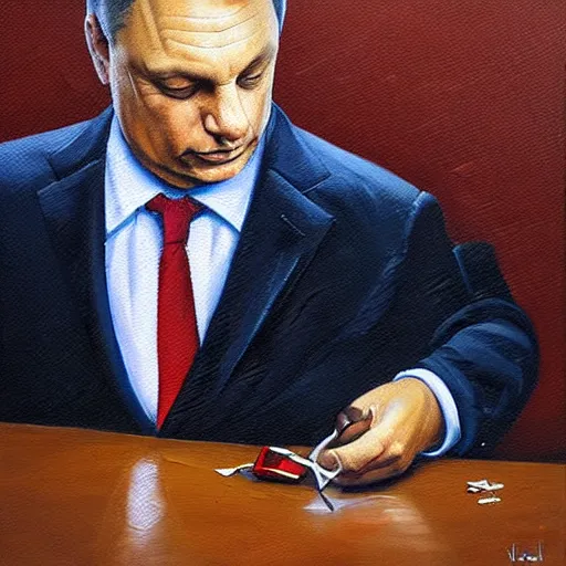 Image similar to viktor orban fixing his tie in a cubicle, oil painting