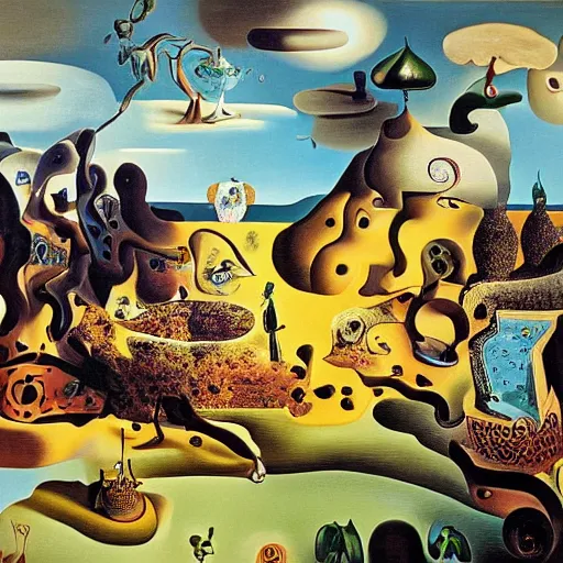 Prompt: the garden of unearthly delights, oil painting by Salvador Dali, high contrast, highly detailed, 4k