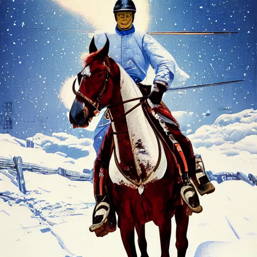 Image similar to a painting of a person on a horse in the snow, poster art by otomo katsuhiro, cgsociety, nuclear art, reimagined by industrial light and magic, official art, poster art