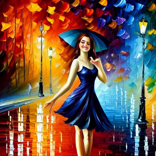 Prompt: highly detailed painting of a beautiful young woman, dancing in the rain, intricate, high quality oil painting artstyle, in the style of leonid afremov, deviantart, figurative art, deviantart, ilya kuvshinov, lovecraftian, very detailed face, portrait