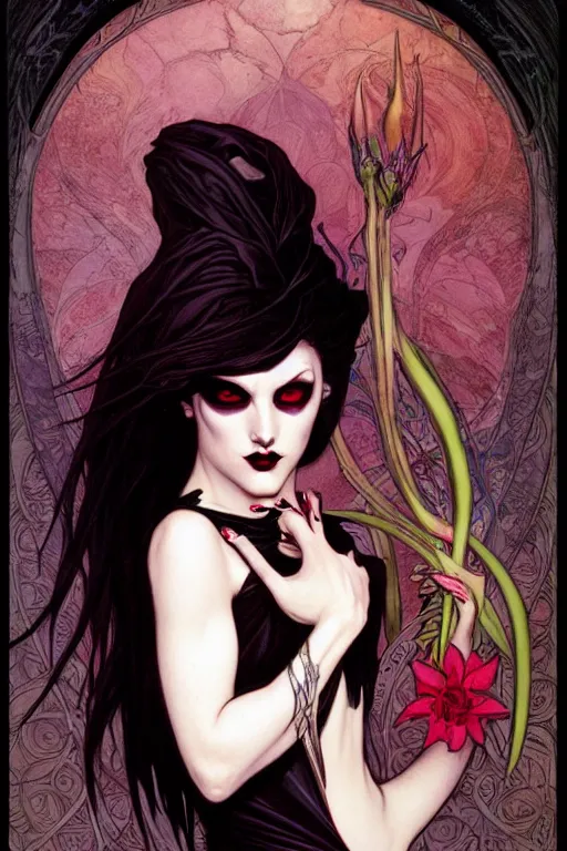 Prompt: androgynous vampire, flowerpunk, trending on art station, by brom, mucha, artgerm