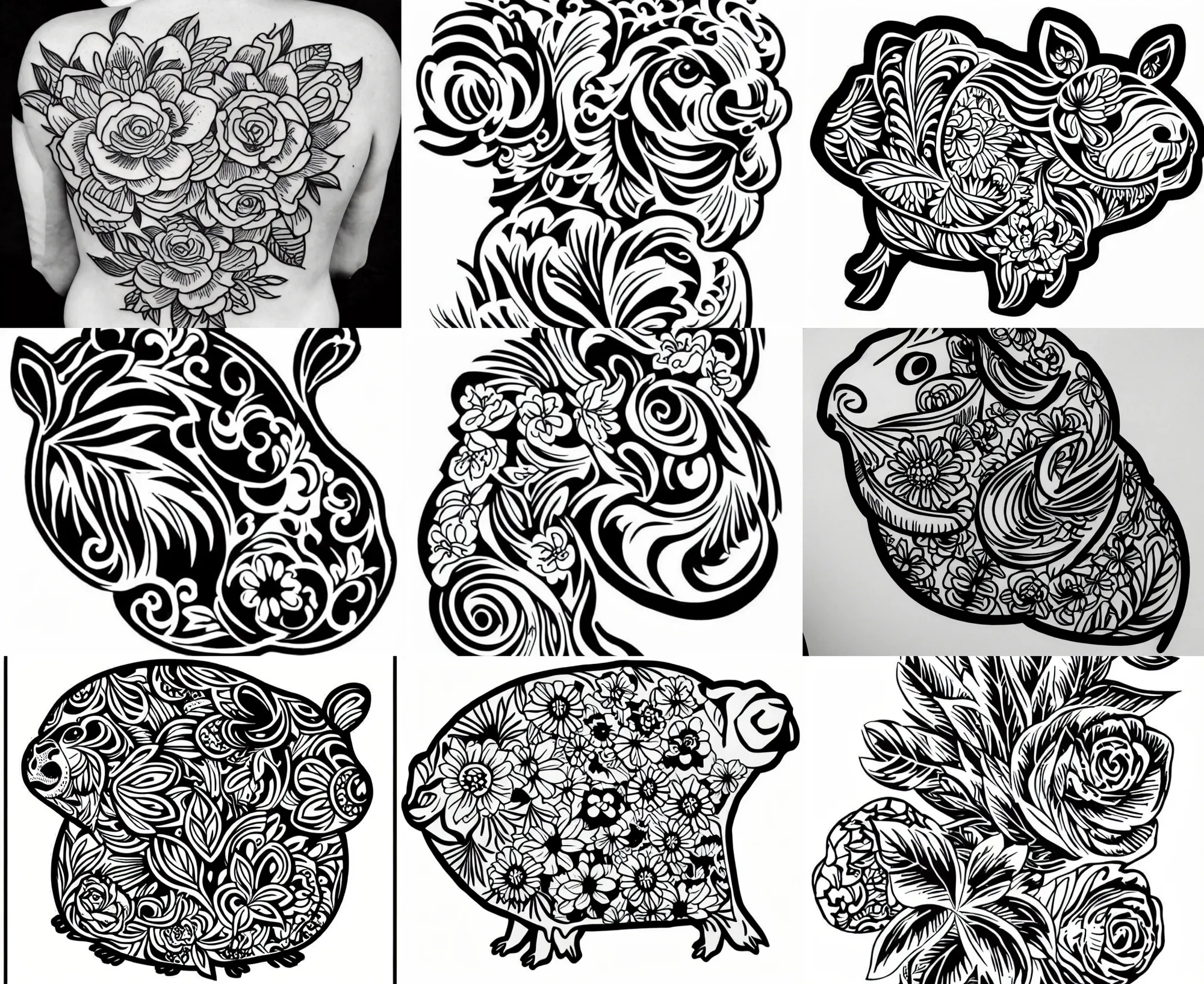 Image similar to detailed tattoo stencil bold lines, floral guinea pig