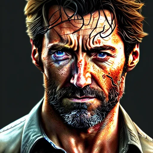 Image similar to beautiful digital portrait of hugh jackman as joel from the last of us, hdr, by artgerm