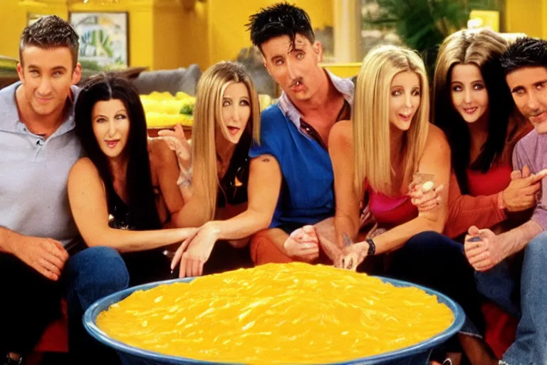 Prompt: the episode of Friends where everyone gets covered in nacho cheese