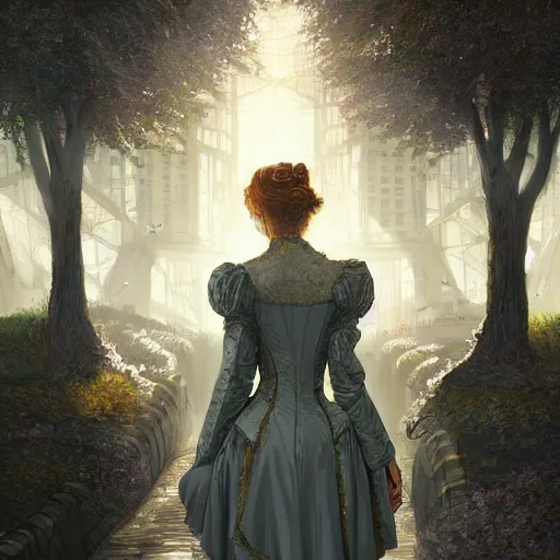 Prompt: portrait of a victorian lady in a futuristic city, from behind, streets, birds in the sky, sunlight and rays of light shining through trees, tall buildings on the sides, beautiful, solarpunk!!!, highly detailed, digital painting by Tommy Alepego