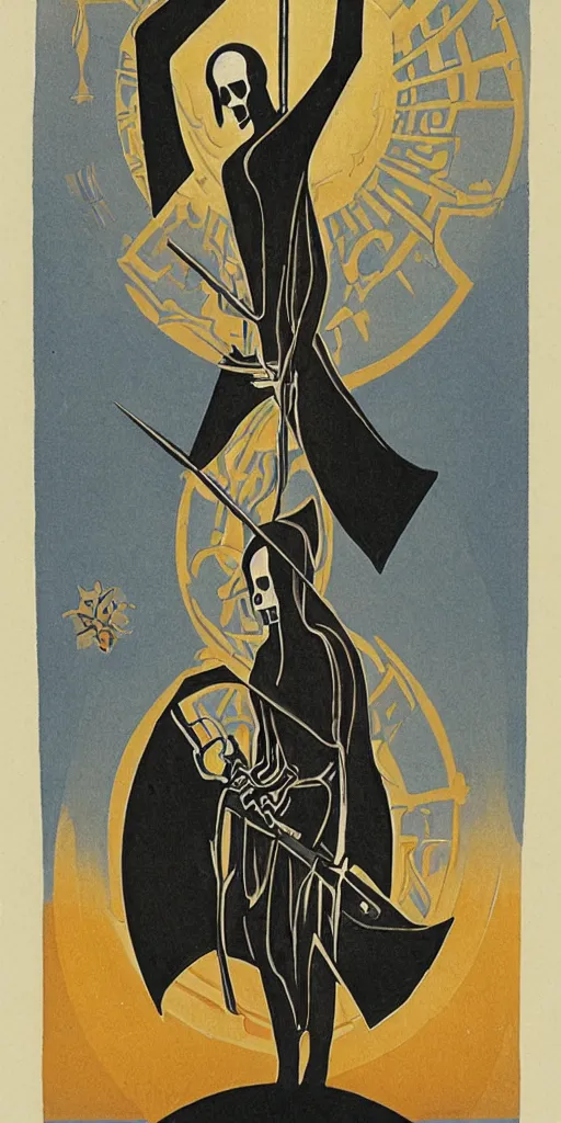 Prompt: an art deco illustration of the grim reaper on a tarot card with an elegant border