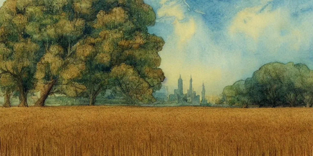 Prompt: a hiper intricate watercolor of a beatifull serene wheat field with some trees and litthe buildings in the background, extremely detailed, sharp focus, wide view, smooth, digital illustration, colorfull, by william turner art, by greg rutowski, by carl larson, by edmund dulac