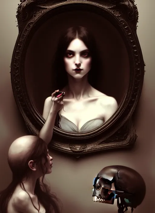 Prompt: character concept portrait of a gothic girl looking in a mirror with a skull reflection, victorian, intricate, elegant, digital painting, concept art, smooth, sharp focus, illustration, by Ruan Jia and Mandy Jurgens and William-Adolphe Bouguereau, Artgerm