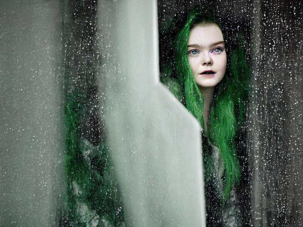 Image similar to photo of Elle Fanning with green hair looking sadly out a window on a rainy night photographed by Jill Greenberg