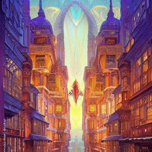 Prompt: beautiful painting of an art moderne city, glowing windows. reflective detailed textures, moth wings, highly detailed dark fantasy science fiction painting by donato giancola and peter mohrbacher and nicholas roerich and diego rivera, elaborate geometric ornament, ancient runes, silver and cool colors. artstation