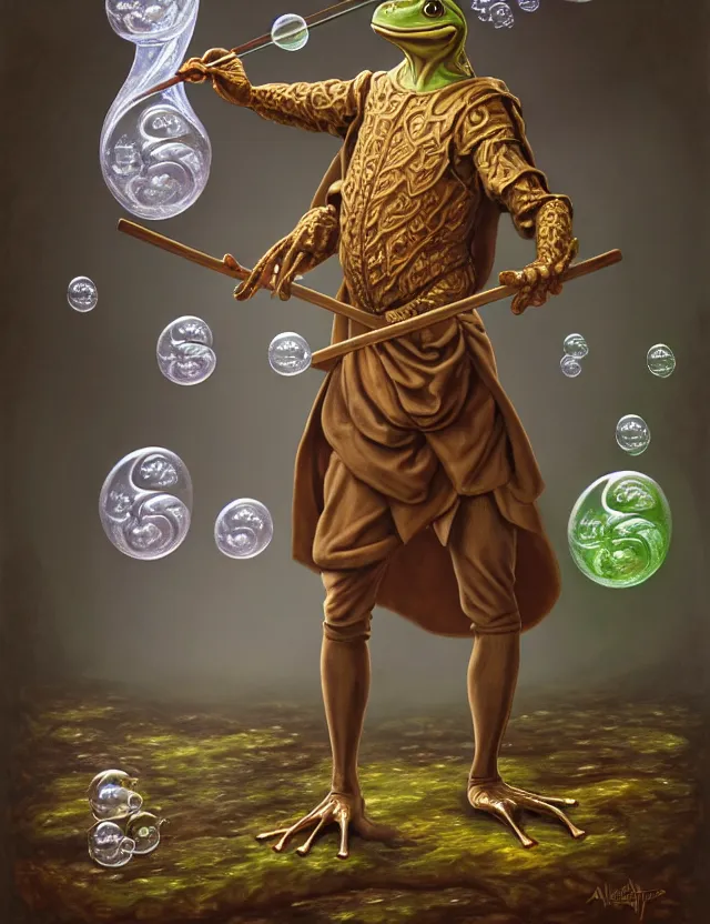 Prompt: anthropomorphic bipedal frog that is dressed as a renaissance fighter, and holding a staff, as a matte oil painting and d & d character art, by alex grey, standing, fullbody, floating bubbles, mystic, fog, fractals, spirals, concept art, award - winning, extremely detailed, sharp focus