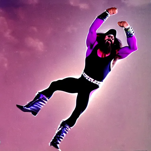Prompt: Macho Man Randy Savage performing elbow drop from space. Wide angle. Low perspective. High Quality, 4k
