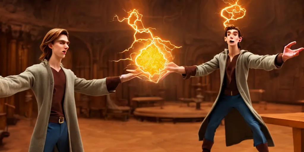 Image similar to a epic scene of a handsome young caucasian male sorcerer with brown hair casting a spell that is emanating from his hands!! indoor, alchemist lab!! action pose, medium shot, deep depth of field, waist up, pixar animation style!!