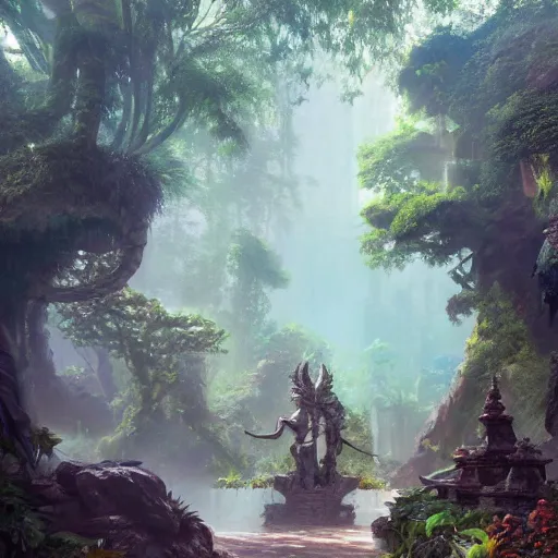 Prompt: concept art of a jungle path with a huge overgrown stone statues, religious, in the style of fenghua zhong and ruan jia and jeremy lipking and peter mohrbacher, mystical colors, rim light, beautiful lighting, 8 k, stunning scene, raytracing, octane, trending on artstation