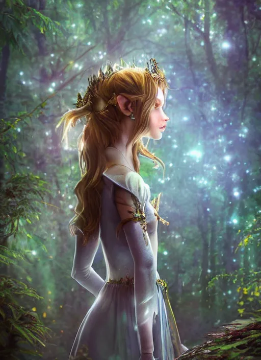 Prompt: beatiful elf princess in an enchanted forest, 3/4 side view, hair jewellery, fully clothed, light mist, light rays sieving through the trees, shallow depth of field, coherent composition, by Yuumei, by Artgerm