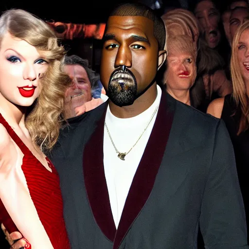 Prompt: Taylor swift smiling at camera with the dead bloody face of Kanye west on her hand