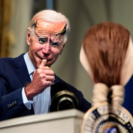 Prompt: joe biden dressed as a woman wearing a wig and sniffing his own hair