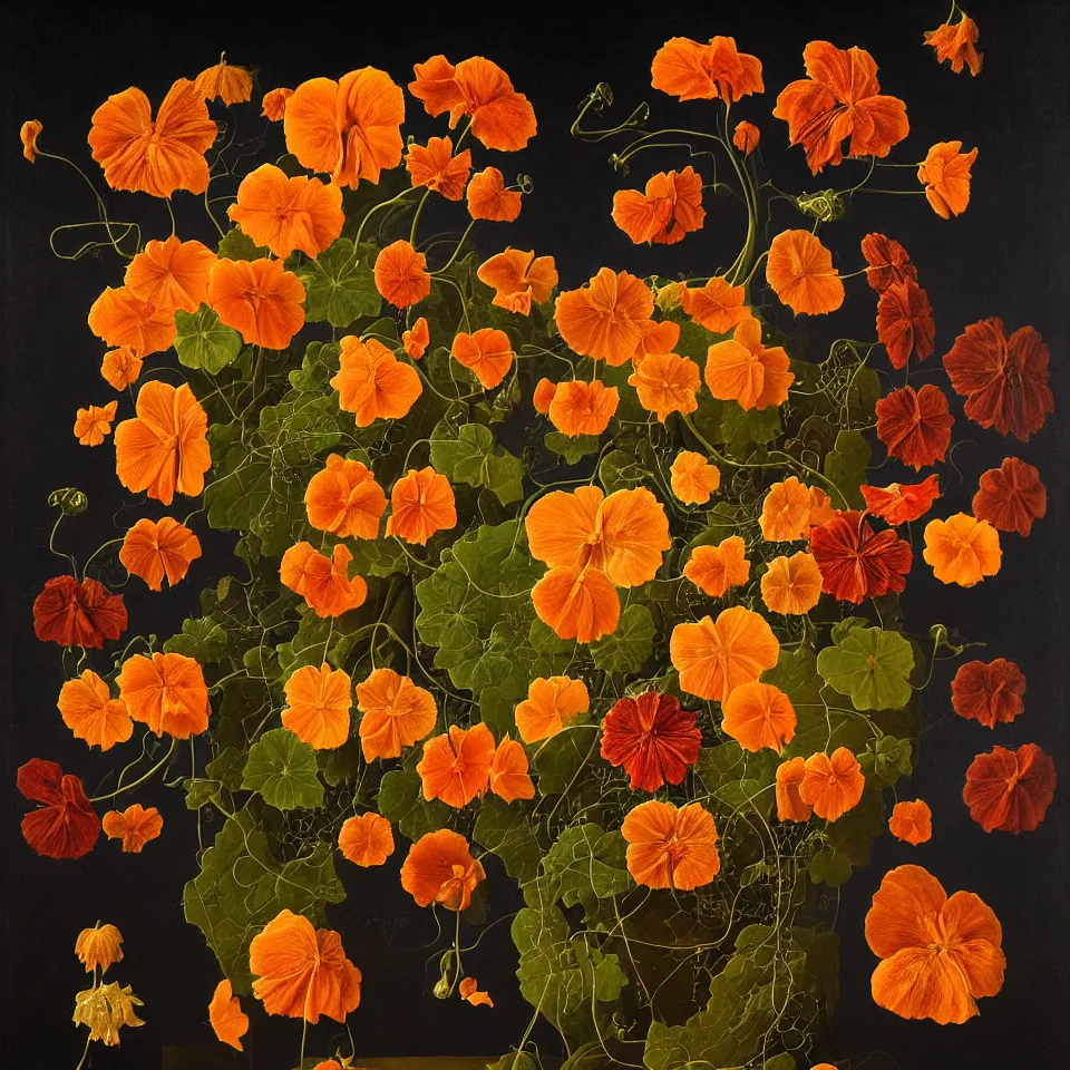 Prompt: dutch golden age bizarre nasturtium portrait still life with many very detailed vines and flowers disturbing fractal forms sprouting up everywhere by rachel ruysch sky blue background chiaroscuro dramatic lighting perfect composition high definition 8 k oil painting with black background by christian rex van dali todd schorr of a chiaroscuro portrait recursive masterpiece