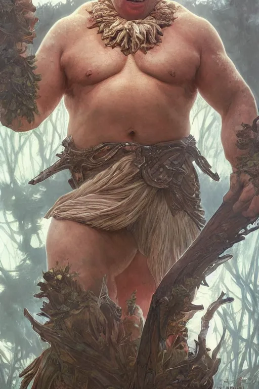 Image similar to portrait of boris johnson as a hulking herculean demon, forest, godlike, full body, fantasy, intricate, elegant, highly detailed, digital painting, artstation, concept art, sharp focus, illustration, art by artgerm and greg rutkowski and alphonse mucha