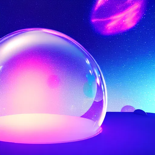 Prompt: big glass bubble in a cosmos space full of stars and vibrant clouds, volumetric light, octane render, glass shader