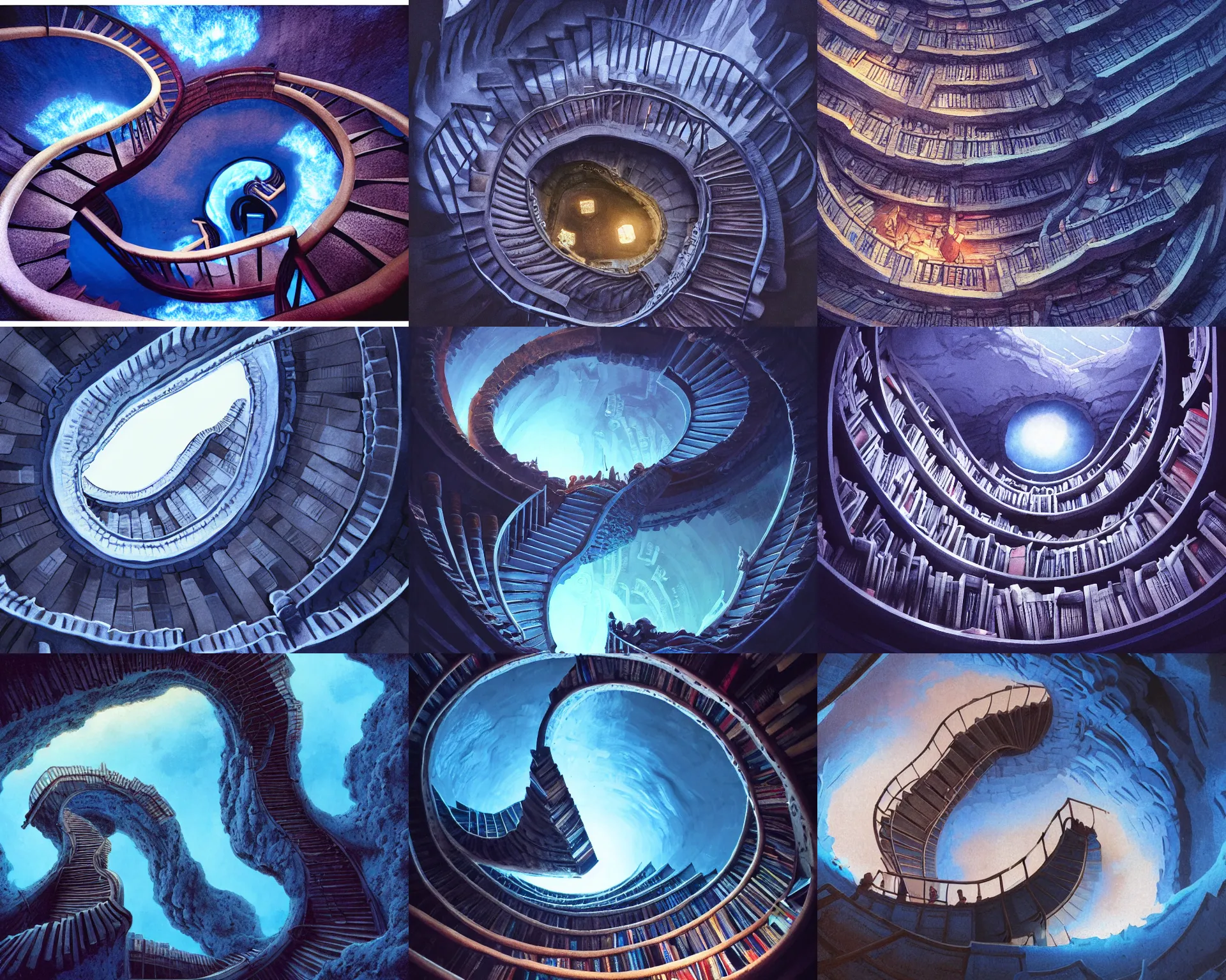 Prompt: staircase of books spiraling to the bottom of a pit lit by blue lava, magnificent, close up, details, sharp focus, elegant, highly detailed, illustration, by Jordan Grimmer and greg rutkowski and PiNe(パイネ) and 薯子Imoko and 香川悠作 and wlop and maya takamura, intricate, beautiful, Trending artstation, pixiv, digital Art