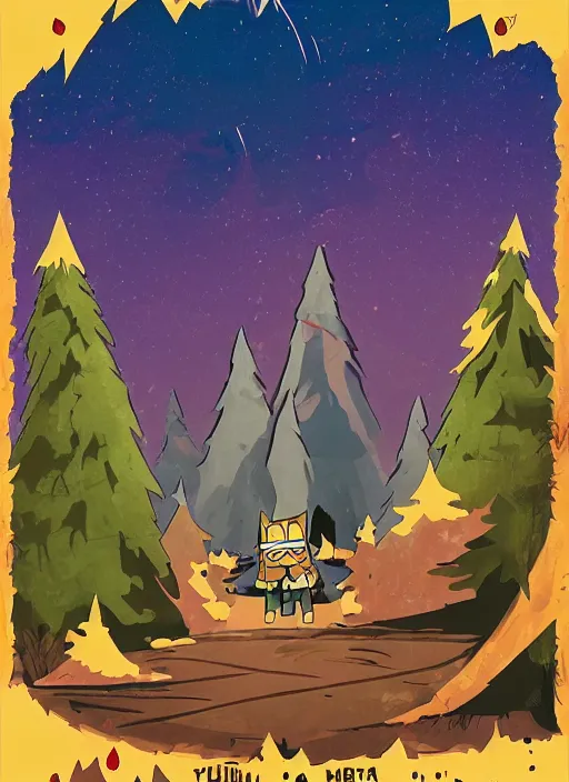 Prompt: Russian bootleg gravity falls poster, dramatic theming, mood lighting, unfortunate, hand painted cartoon art style, brutal, autumn, golden sunset, nostalgia, scenic, with text, 8k, award winning