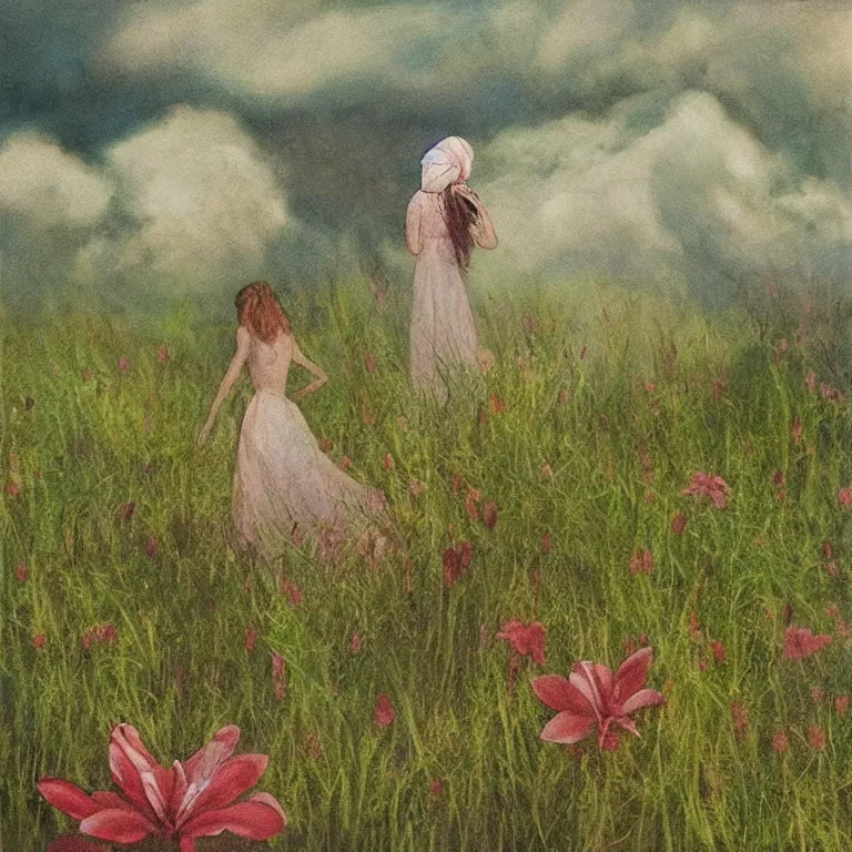 Prompt: “Artwork based on the following William Blakes verses: 'The Cloud descended, and the Lilly bowed her modest head: And went to mind her numerous charge among the verdant grass.'”